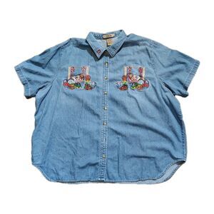 Just My Size Light Blue Denim Button-Down Shirt with Embroidered Fruit Pockets